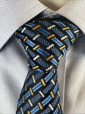 Henry Grethel Men’s Necktie - Blue, Gold Extra Long Basket Weave Silk Tie USA